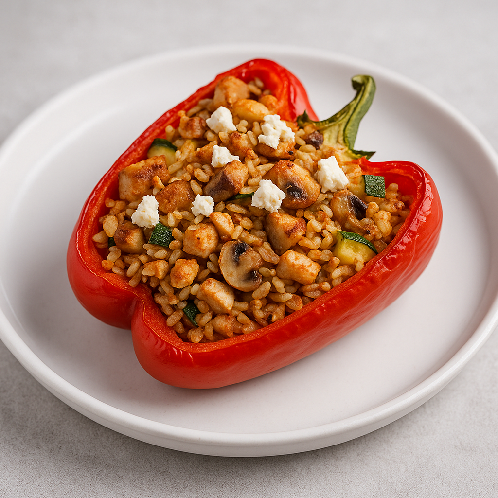 Gevulde Paprika met Kip, Rijst, Groenten en Feta (1 portie)
