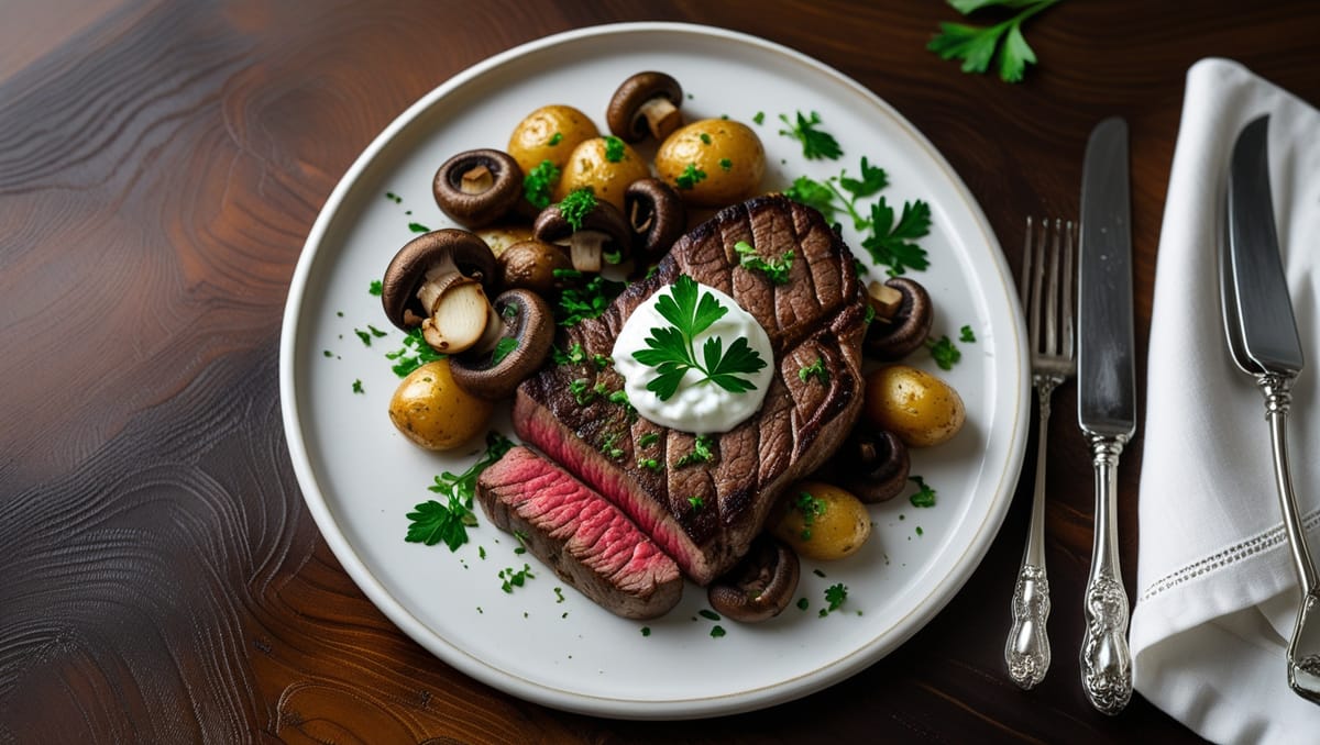 Biefstuk met Champignons en Gebakken Aardappelen