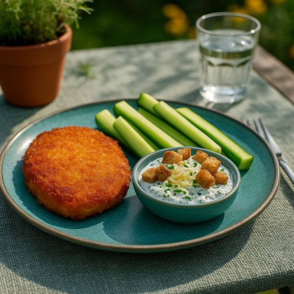 🧀 Kaasschnitzel met Komkommersticks & Kruidendip